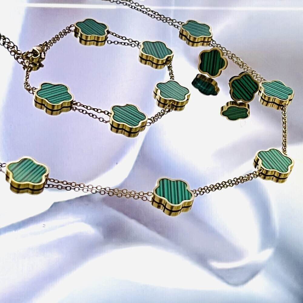 18K Gold Plated Green Malachite Clover Jewelry Set stainless steel womens